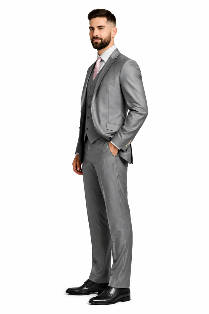 Men'S Two Button Vested Shiny Flashy Metallic Light Grey Slim Fit Suit - Image 7