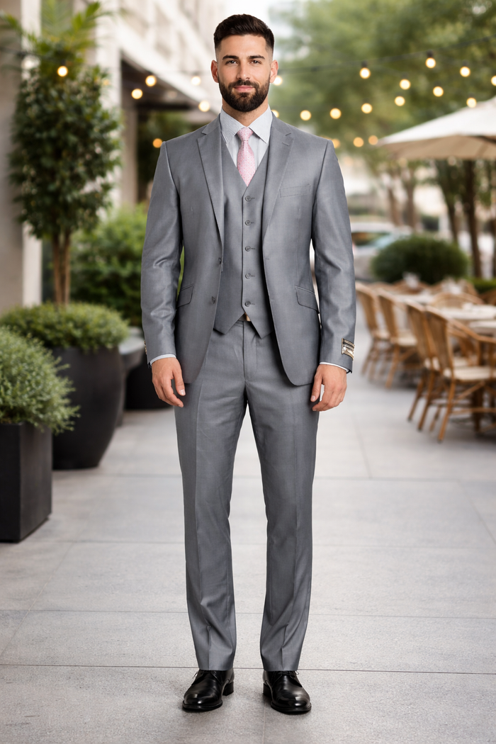 Men'S Two Button Vested Shiny Flashy Metallic Light Grey Slim Fit Suit - Image 2
