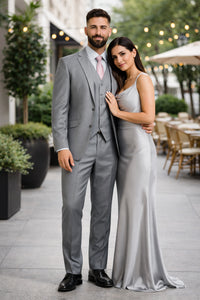 Men'S Two Button Vested Shiny Flashy Metallic Light Grey Slim Fit Suit