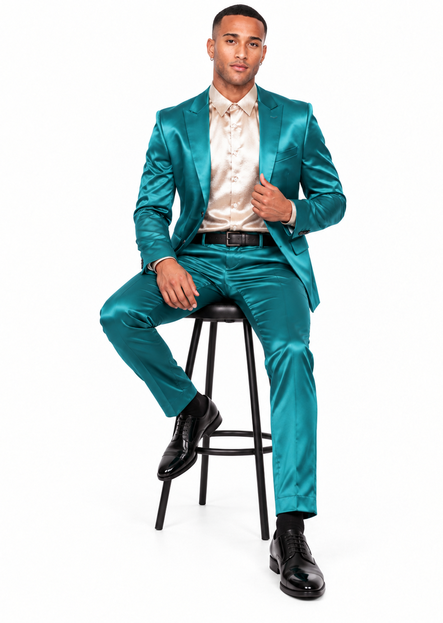 Mens Two Buttons Peak Lapel Suit Turquoise