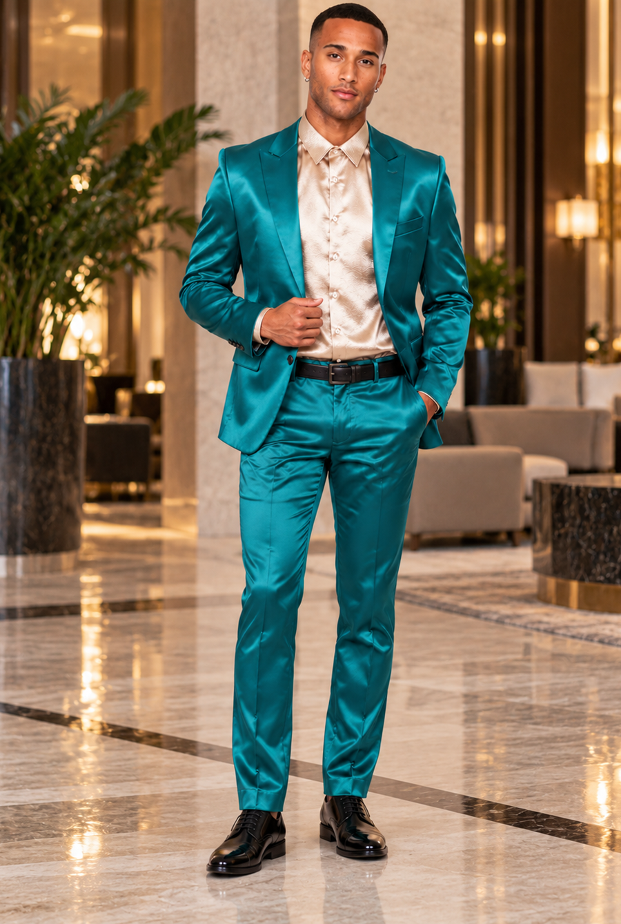 Mens Two Buttons Peak Lapel Suit Turquoise