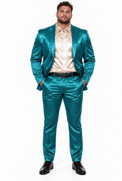 Mens Two Buttons Peak Lapel Suit Turquoise