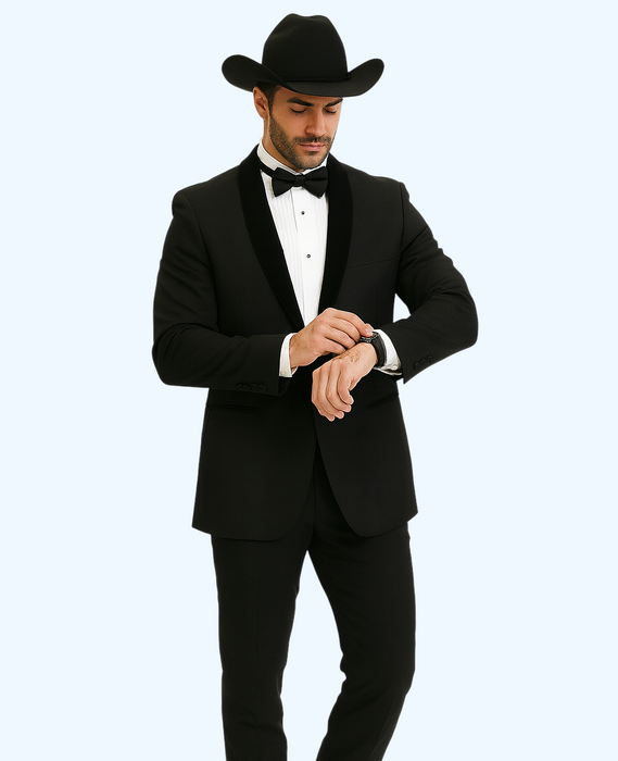 Men's Two Toned Full Lapel Shawl Black Tuxedo wool Fabric Suits