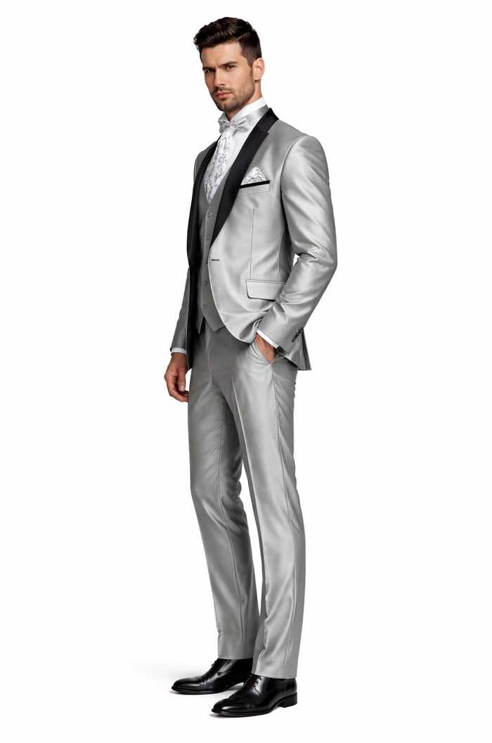 Men'S Two Toned Tuxedo Trimmed Jacket And Suit Silver Grey