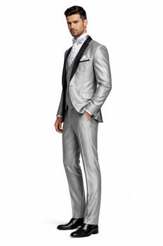 Men'S Two Toned Tuxedo Trimmed Jacket And Suit Silver Grey