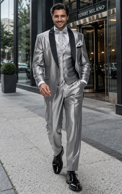 Men'S Two Toned Tuxedo Trimmed Jacket And Suit Silver Grey