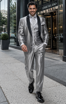 Men'S Two Toned Tuxedo Trimmed Jacket And Suit Silver Grey