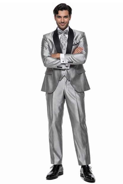 Men'S Two Toned Tuxedo Trimmed Jacket And Suit Silver Grey