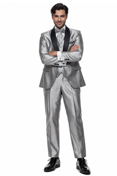 Men'S Two Toned Tuxedo Trimmed Jacket And Suit Silver Grey