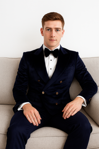 Navy Blue Velvet Double Breasted Suits - Velvet Pants - Slim Fit Suit