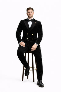 Mens Velvet Suit - Slim Fit Double Breasted Suit Blazer and Pants - Green