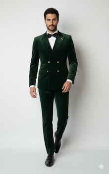 Mens Velvet Suit - Slim Fit Double Breasted Suit Blazer and Pants - Green
