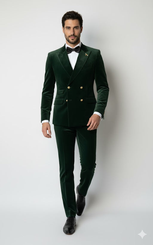 Mens Velvet Suit - Slim Fit Double Breasted Suit Blazer and Pants - Green