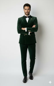 Mens Velvet Suit - Slim Fit Double Breasted Suit Blazer and Pants - Green