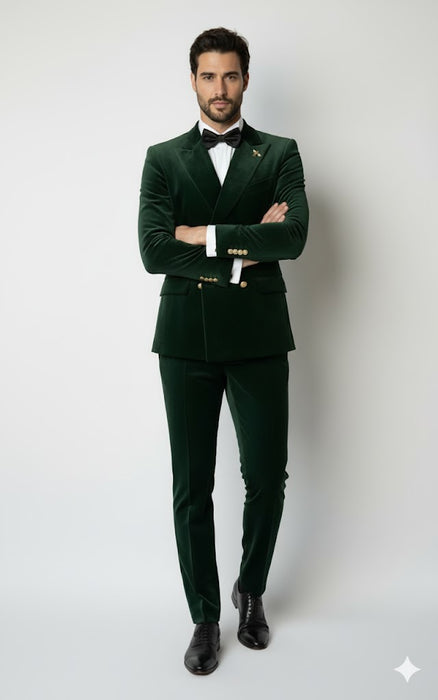 Mens Velvet Suit - Slim Fit Double Breasted Suit Blazer and Pants - Green