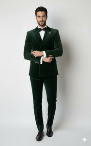 Mens Velvet Suit - Slim Fit Double Breasted Suit Blazer and Pants - Green