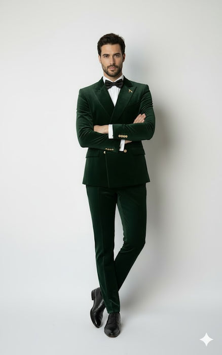 Mens Velvet Suit - Slim Fit Double Breasted Suit Blazer and Pants - Green