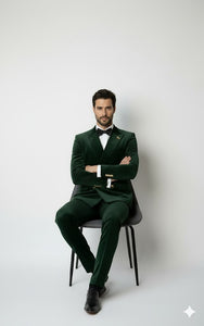 Mens Velvet Suit - Slim Fit Double Breasted Suit Blazer and Pants - Green