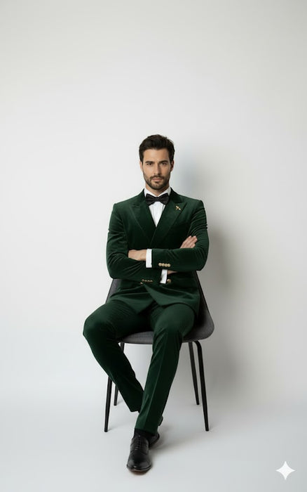 Mens Velvet Suit - Slim Fit Double Breasted Suit Blazer and Pants - Green