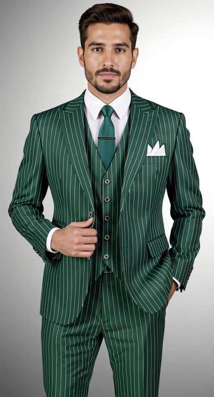 Harlem Nights Suits for Men - Mens Vested Suit 3 Piece Hunter Green Pinstripe F-V2RS9  Modern Fit
