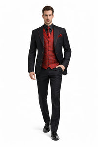 Mens Three Piece Suits - Vested Suit Mens Black/Red Jacket With Bold Vest with matching Tie and Hankie