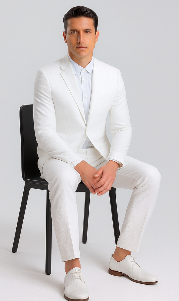 Mens Jacket + Pants Summer Seersucker Suit in White Pinstripe