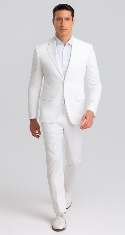 Mens Jacket + Pants Summer Seersucker Suit in White Pinstripe