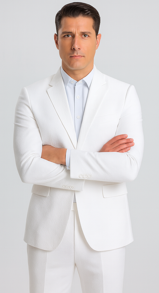 Mens Jacket + Pants Summer Seersucker Suit in White Pinstripe