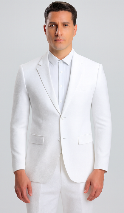 Mens Jacket + Pants Summer Seersucker Suit in White Pinstripe