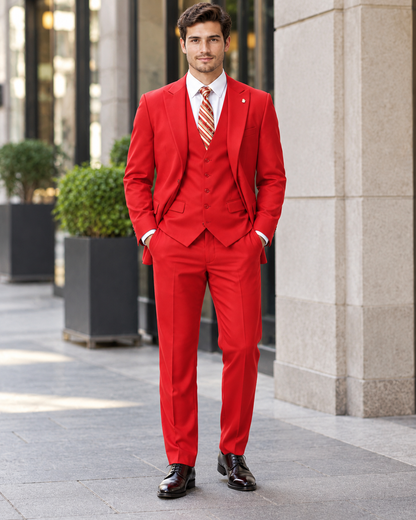 Mens Vett Red Classic Fit Solid Vested Suit