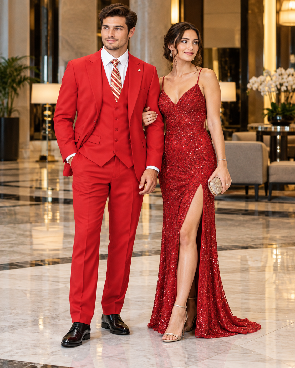 Mens Vett Red Classic Fit Solid Vested Suit