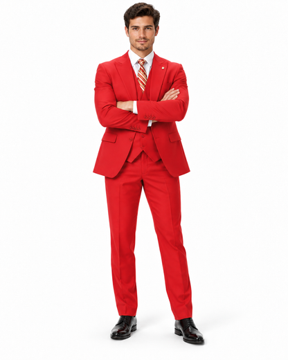 Mens Vett Red Classic Fit Solid Vested Suit