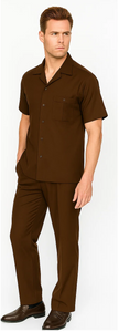 Men's Brown Short Sleeve Button Closure 100% Linen 2 Piece With Pleated Pant Shirt Walking Leisure Suit