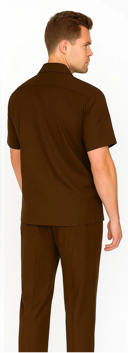 Men's Brown Short Sleeve Button Closure 100% Linen 2 Piece With Pleated Pant Shirt Walking Leisure Suit - Image 7