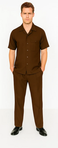 Men's Brown Short Sleeve Button Closure 100% Linen 2 Piece With Pleated Pant Shirt Walking Leisure Suit