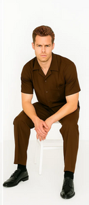 Men's Brown Short Sleeve Button Closure 100% Linen 2 Piece With Pleated Pant Shirt Walking Leisure Suit