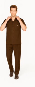 Men's Brown Short Sleeve Button Closure 100% Linen 2 Piece With Pleated Pant Shirt Walking Leisure Suit - Image 2
