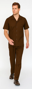 Men's Brown Short Sleeve Button Closure 100% Linen 2 Piece With Pleated Pant Shirt Walking Leisure Suit
