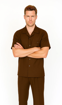 Men's Brown Short Sleeve Button Closure 100% Linen 2 Piece With Pleated Pant Shirt Walking Leisure Suit - Image 4