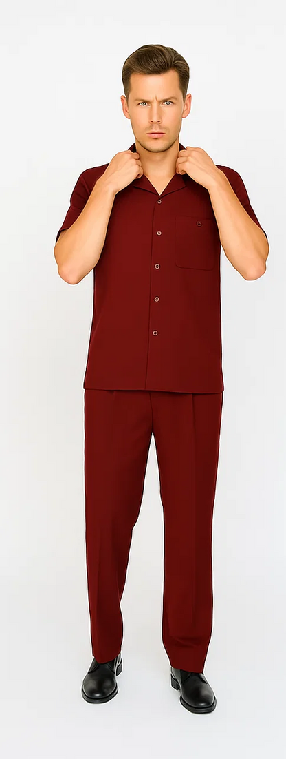 Mens Walking Suit in Color Burgundy leisure suit causal Matching Shirt and Pants $99