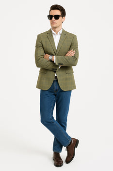 Saco vaquero - Western Sport Coat - Western Blazer - Men's Two Button Regular Fit Windowpane Plaid Sport Coat Blazer In Light Olive Green