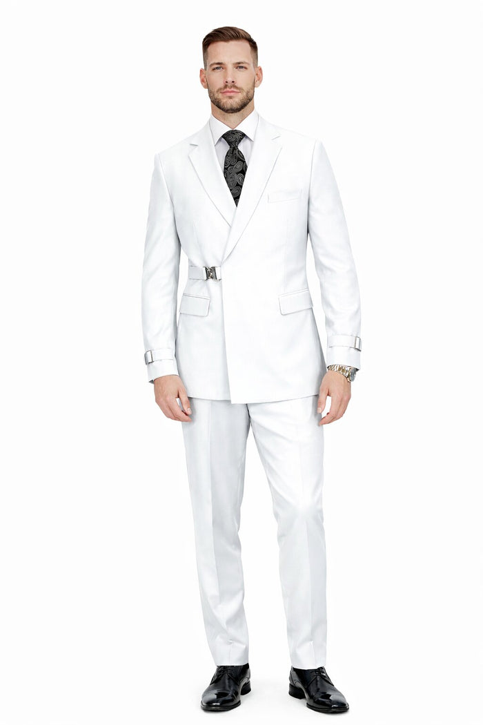 Men’s White Double Breasted Wool Suit with Designer Tailored Formal Set Metal Buckle Closure Modern Fit
