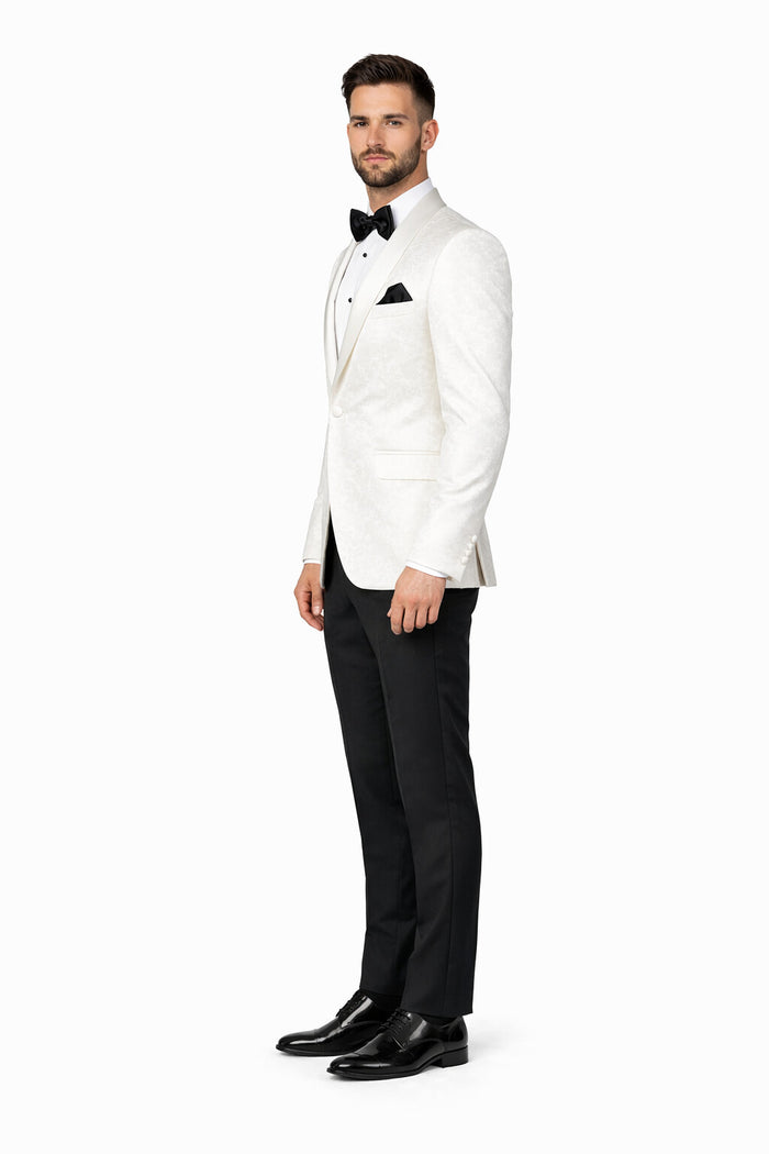 Men's Super 150's Viscose Blend 1 Button White Tuxedo Floral Pattern  Dinner Jacket - Image 3