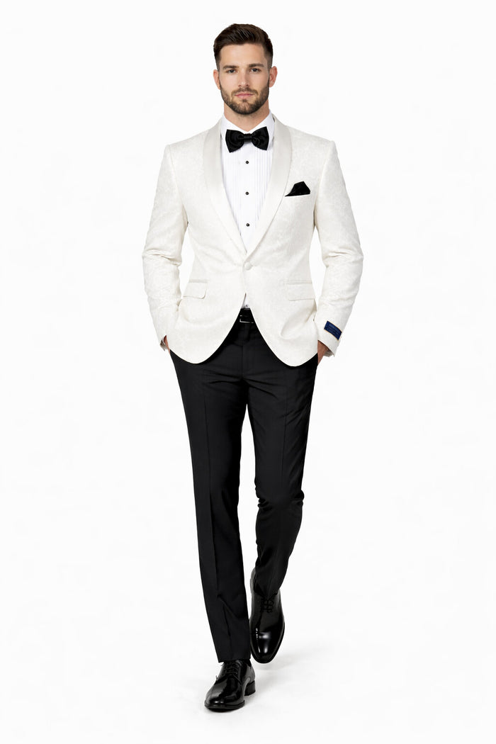 Men's Super 150's Viscose Blend 1 Button White Tuxedo Floral Pattern  Dinner Jacket - Image 5