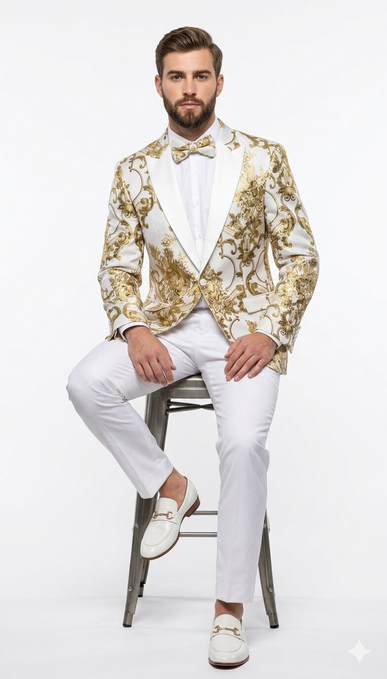 Mens White and Gold Floral Tuxedo Jacket with Satin Lapel – Luxury Prom, Wedding and Formal Dinner Blazer