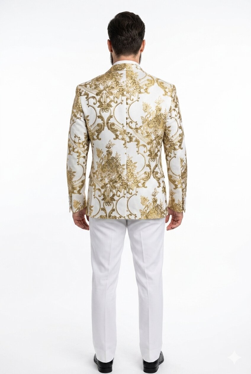 Mens White and Gold Floral Tuxedo Jacket with Satin Lapel – Luxury Prom, Wedding and Formal Dinner Blazer