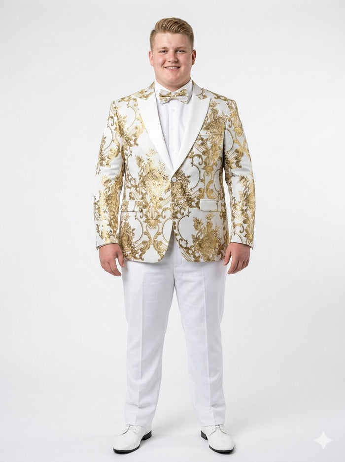 Mens White and Gold Floral Tuxedo Jacket with Satin Lapel – Luxury Prom, Wedding and Formal Dinner Blazer