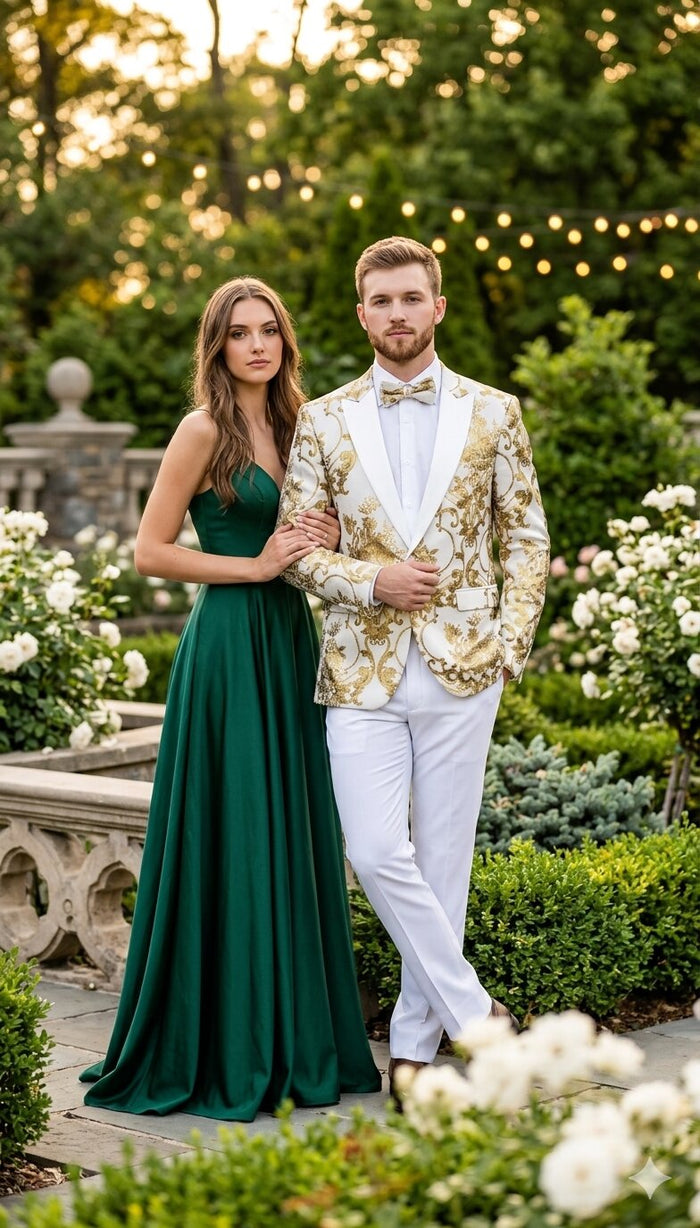 Mens White and Gold Floral Tuxedo Jacket with Satin Lapel – Luxury Prom, Wedding and Formal Dinner Blazer
