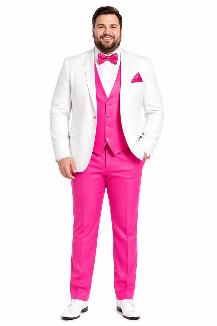 White and Hot Pink Tuxedo Wedding Suit - White Dinner Jacket + Vest + Pants + Bow-tie