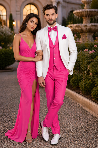 White and Hot Pink Tuxedo Wedding Suit - White Dinner Jacket + Vest + Pants + Bow-tie